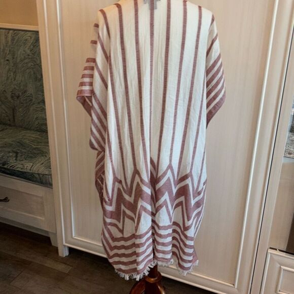 Steve Madden red white striped kimono cover up fringe hem OSFM shawl wrap boho - Picture 5 of 9